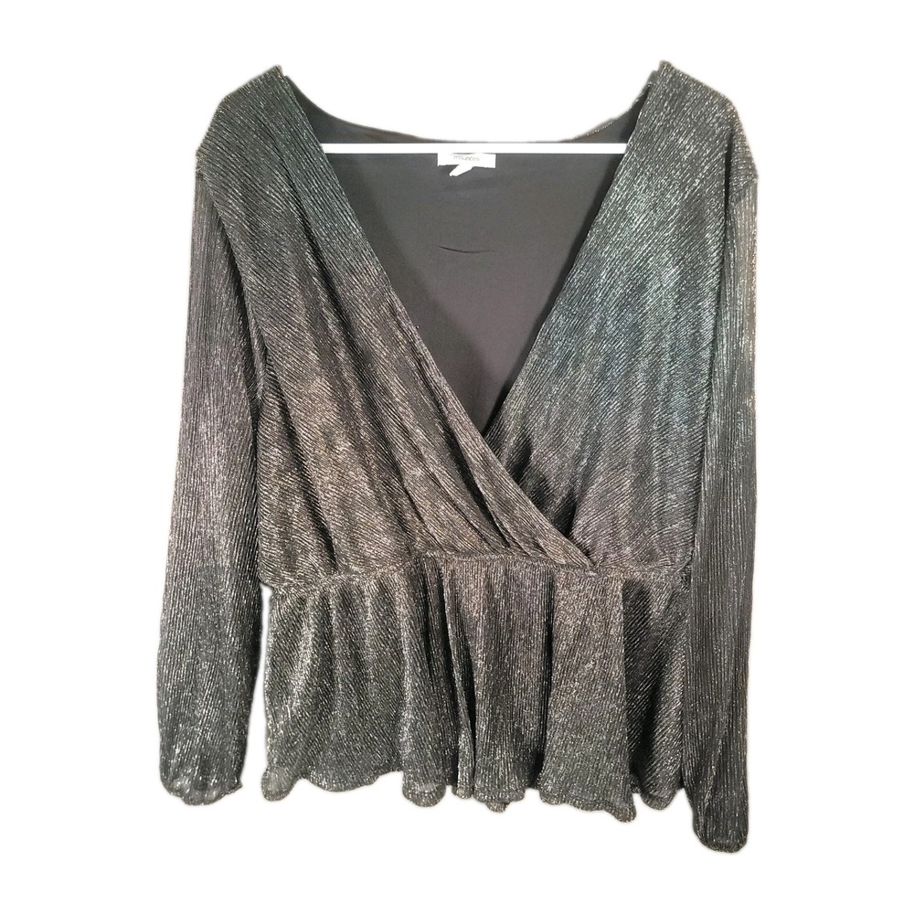 Maurices Top Womens 2X Black Silver Metallic Plisse Surplice Wrap Peplum Blouse